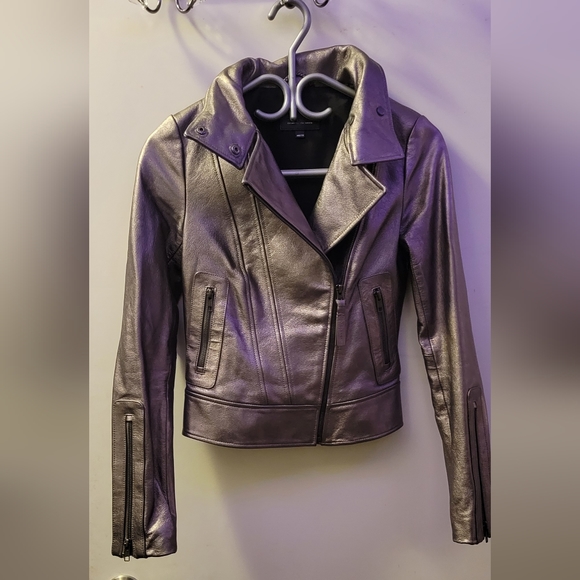 Mackage Aritzia Metallic Gunmetal Pewter lambskin leather motorcycle jacket xxxs - Picture 3 of 12